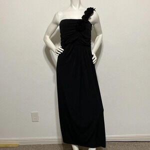 En Focus Studio Women's Black Sheath One Shoulder Ruffles Stretch Midi Dress 14P